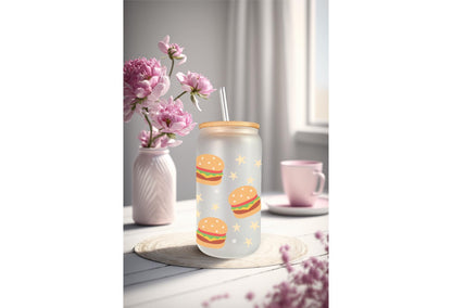 UVDTF Wrap Burgers 16oz Can Glass Wrap Mug Tumbler, Ready to Apply, Permanent Waterproof Adhesive