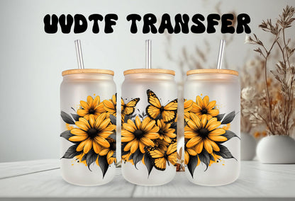 UVDTF Wrap Yellow Daisies Butterflies 16oz Can Glass Mug Tumbler Wrap, Ready to apply, Permanent Adhesive, Double sided option