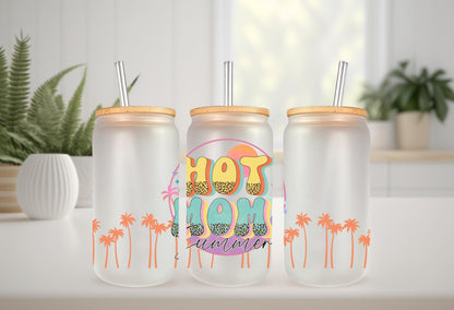 UVDTF Wrap Hot Mom Summer Leopard 16oz Can Glass Mug Tumbler, Ready to Apply, Permanent Water Adhesive