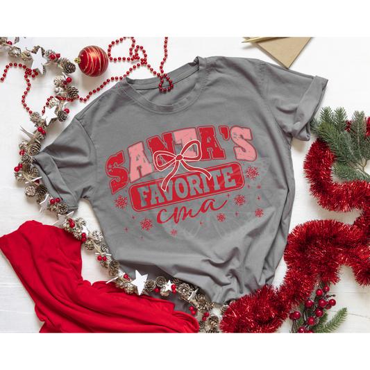 A MOCKUP OF a Santa's Favorite CMA Christmas DTF transfer pressed on a white crewneck sweatshirt