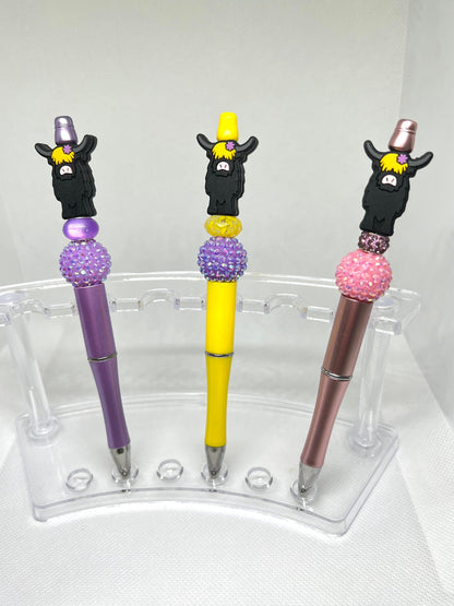 Highland Cow Black Beaded Pen, Fun Pens Acrylic  Beads, Beaded Pen, Retractable Ink Pen, Gifts