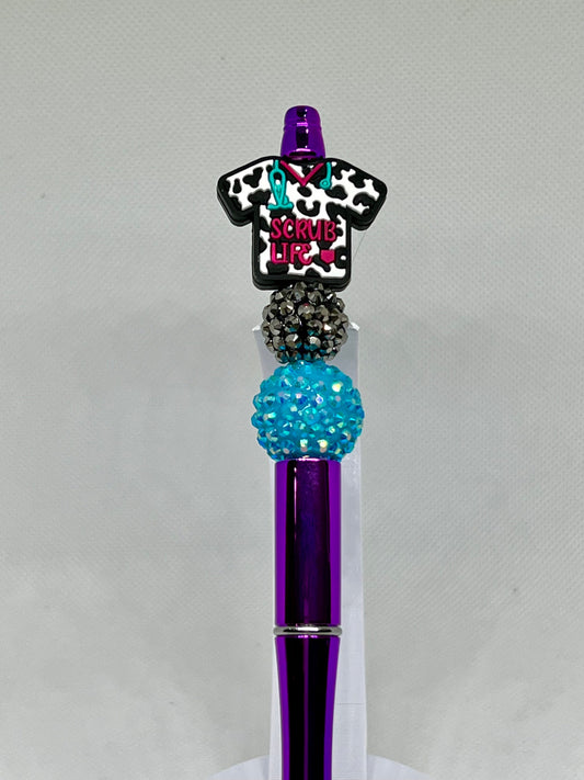 Nurse Scrub Life Beaded Pen, Cow Print Scrub Top, Sarcastic Pen, Fun Pens Acrylic Beads, Custom Pen, Retractable Ink Pen, Graduation