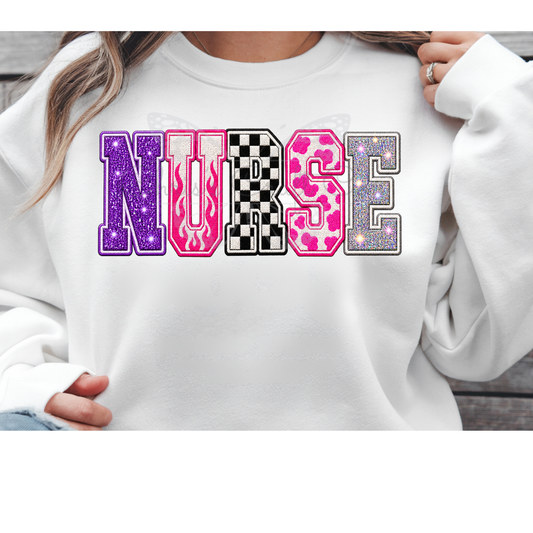 Sweatshirt mockup featuring a Nurse DTF transfer with purple glitter, pink flames, checkerboard, and leopard print.