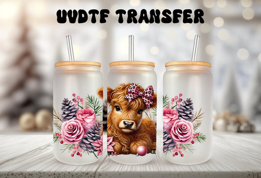 16oz Can Glass Wrap - Highland Cow Pink Floral Pine Cone Design, Permanent Adhesive