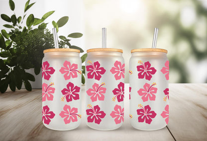 UVDTF Wrap Hibiscus Tropical Flower 16oz Can Glass Mug Tumbler, Tropical wrap, Ready to apply, Permanent Adhesive Waterproof
