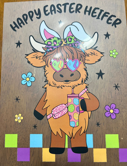READY to press Transfer Highland Cow Happy Easter Heifer Colorful | Screen Print Transfer | Full Color Matte Clear Transfer