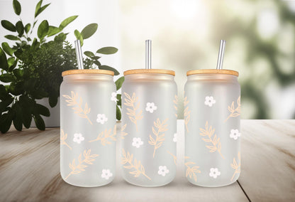 UVDTF Wrap White Floral for 16oz Can Glass Mug Tumbler, Daisy Wrap, Ready to apply, Permanent Adhesive Waterproof, Double Sided Option
