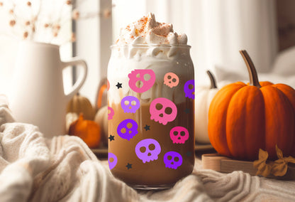 UVDTF Wrap Colorful Skull  for 16oz Can Glass, Mug, or Tumbler, Halloween Candy, Ready to apply, Permanent Adhesive Waterproof