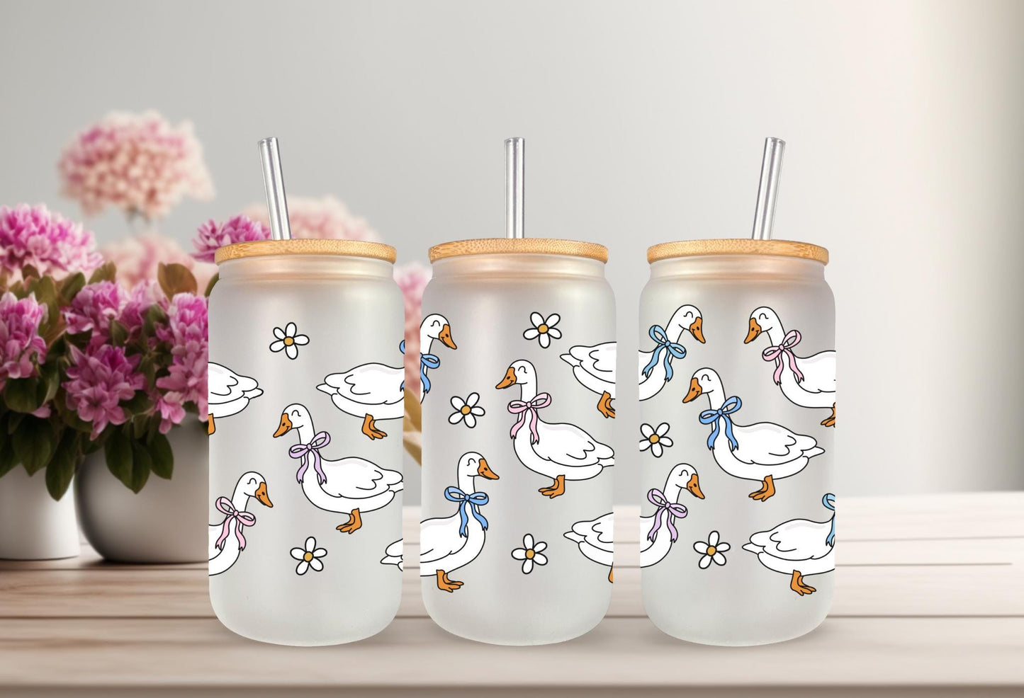 UVDTF Wrap Spring Goose Bows 16oz Can Glass Mug Tumbler Wrap, Geese Wrap, Ready to apply, Permanent Adhesive, Double sided option