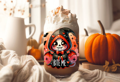 UVDTF Decal Skeleton Reaper Bite Me 16oz Can Glass, Tumbler or Mug, Nurse Decal, Ready to Apply, Permanent Waterproof Adhesive