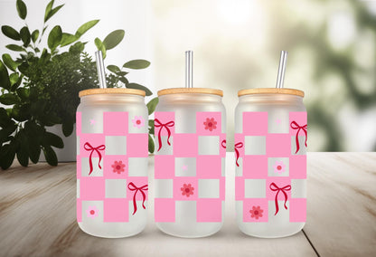 UVDTF Wrap Coquette Bows Checkered Dark Pink 16oz Can Glass Wrap Mug Tumbler, Ready to Apply, Permanent Waterproof Adhesive