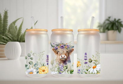UVDTF Highland Cow Wild Flowers Daisies 16oz Can Glass Mug Tumbler, Cow Floral Wrap, Ready to Apply, Permanent Waterproof Adhesive