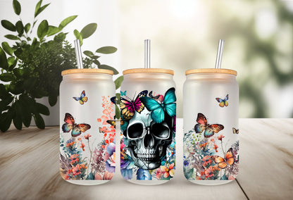 Glass Mug Tumbler Wrap – 16oz Can Skull Floral Butterfly Double Sided Sticker