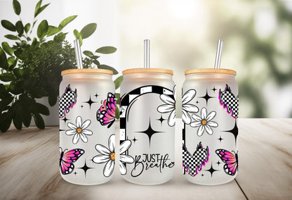 UVDTF Wrap Positive Saying Floral Butterfly 16oz Can Glass Mug Tumbler, Just Breathe Wrap, Ready to Apply, Permanent Waterproof Adhesive