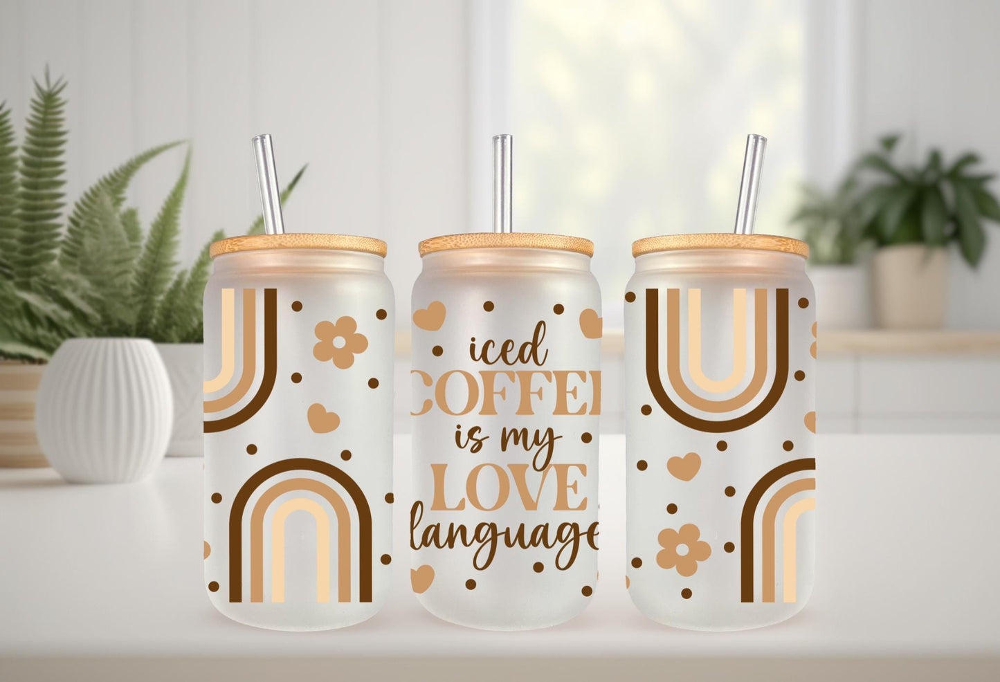 UVDTF Wrap Boho Coffee Daisy 16oz Can Glass Mug Tumbler, Coffee is my Love Language Wrap, Ready to apply, Permanent Waterproof Adhesive