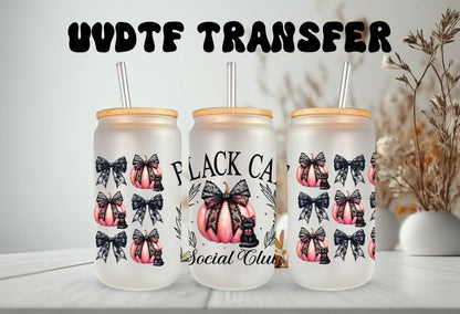 UVDTF Wrap Black Cat Social Club Pink Pumpkin Coquettes Bows 16oz Can Glass, Mug Tumbler, Ready to Apply, Permanent Waterproof Adhesive