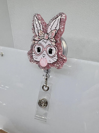 Glitter Bunny Badge Reel – Heart Glasses, Pink Bow, and Acrylic Design for Nurses and Medical Professionals