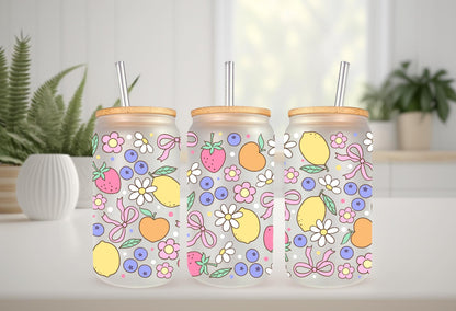 UVDTF Wrap Lemon Strawberry Blueberry Daisy Bow 16oz Can Glass Mug Tumbler, Ready to apply, Permanent Waterproof Adhesive