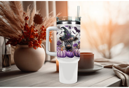UVDTF Wrap Witch Highland Cow Purple pumpkins 16oz Can Glass, Mug,  40oz Tumbler, Double Sided Print Option, Ready to apply