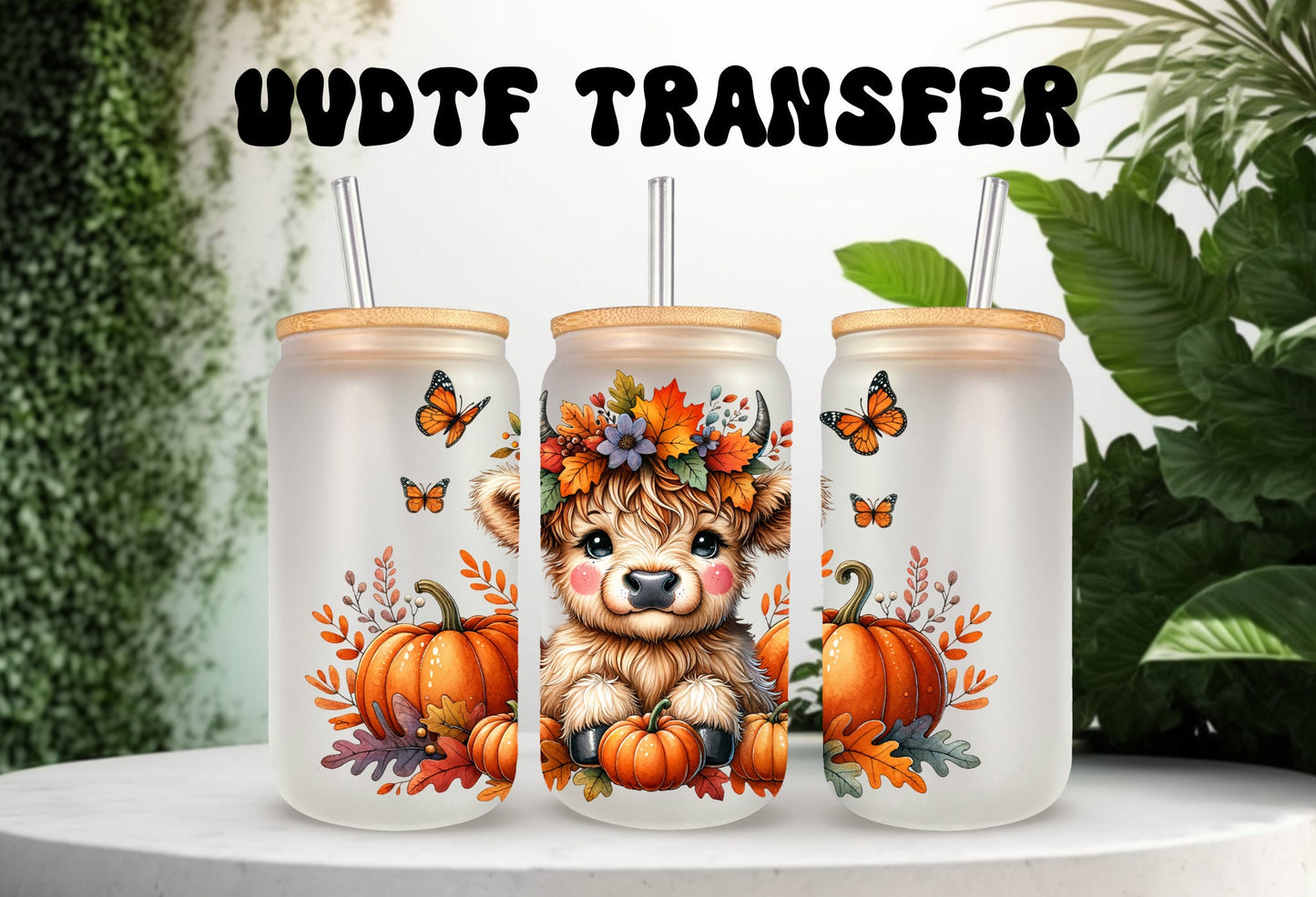 UVDTF Wrap Cute Cow Pumpkin Fall 16oz Can Glass Mug Tumbler,  Ready to Apply, Permanent Waterproof Adhesive