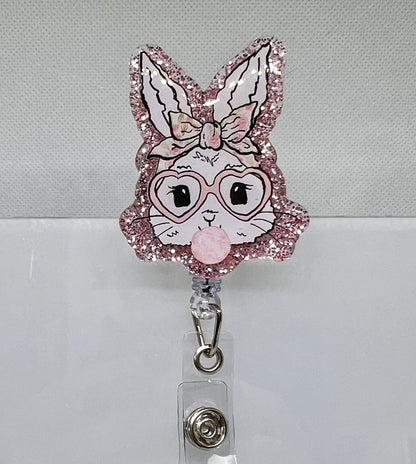Glitter Bunny Badge Reel – Heart Glasses, Pink Bow, and Acrylic Design for Nurses and Medical Professionals