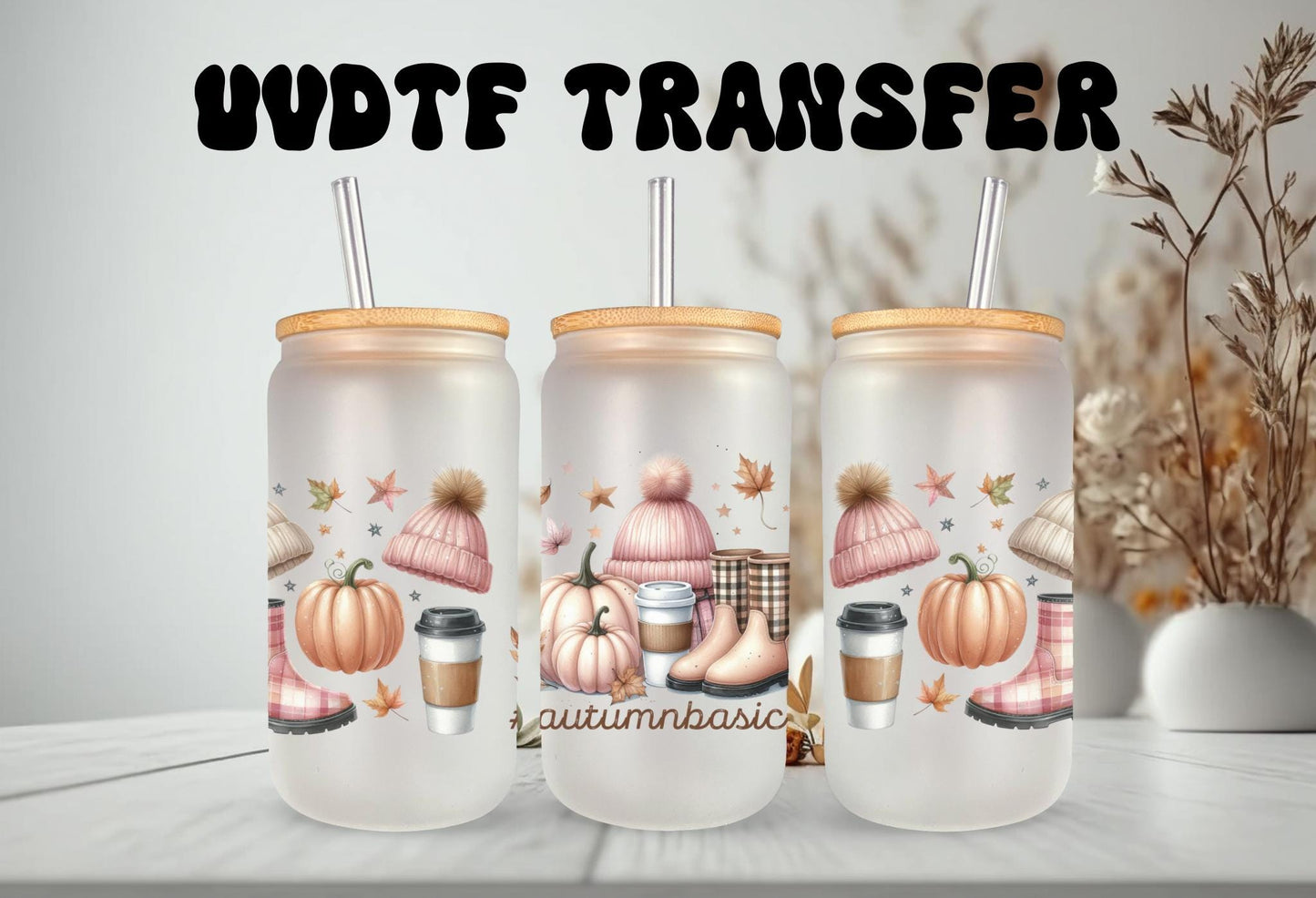 UVDTF Wrap Autumn Basics Boots Hat  Pumpkin Iced Coffee for 16oz Can Glass or 40oz Tumbler, Fall Wrap Ready to apply, Permanent adhesive