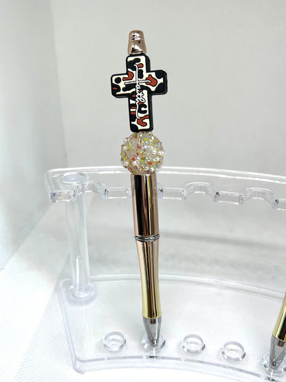 Beaded Pen Cross Faith Leopard Print, Fun Pens Acrylic Beads, Custom Pen, Retractable Ink Pen, Gifts for her, Teacher, Nurses, Medical