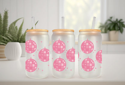UVDTF Wrap Pink Disco Ball  16 oz Can Glass Mug Tumbler, Ready to apply, Permanent Waterproof Adhesive, Add on a Can Glass