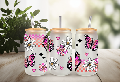 UVDTF Wrap Butterfly Daisy Checker for 16oz Can Glass Mug Tumbler, Butterfly Wrap, Ready to apply, Permanent Waterproof Adhesive