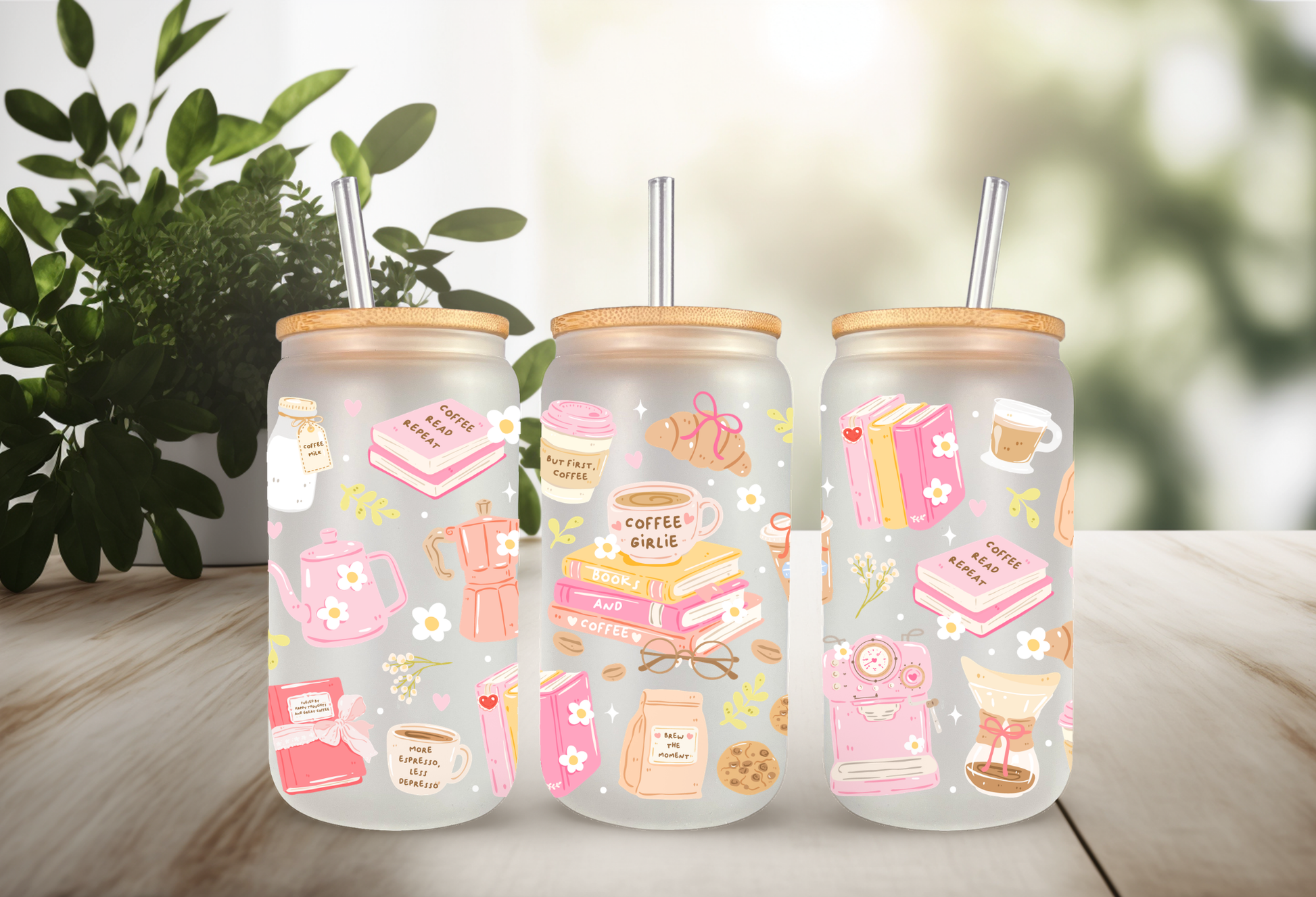 Mockup of a 16oz can glass wrap featuring a pastel aesthetic design with book stacks, a pink retro espresso machine, and mugs reading Coffee Girlie.