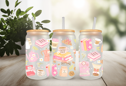 Mockup of a 16oz can glass wrap featuring a pastel aesthetic design with book stacks, a pink retro espresso machine, and mugs reading Coffee Girlie.