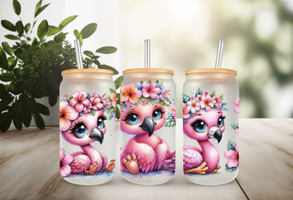 Floral Pink Flamingo UVDTF Wrap For 16oz Can Glass Tumbler, Ready to apply, Permanent Waterproof Adhesive