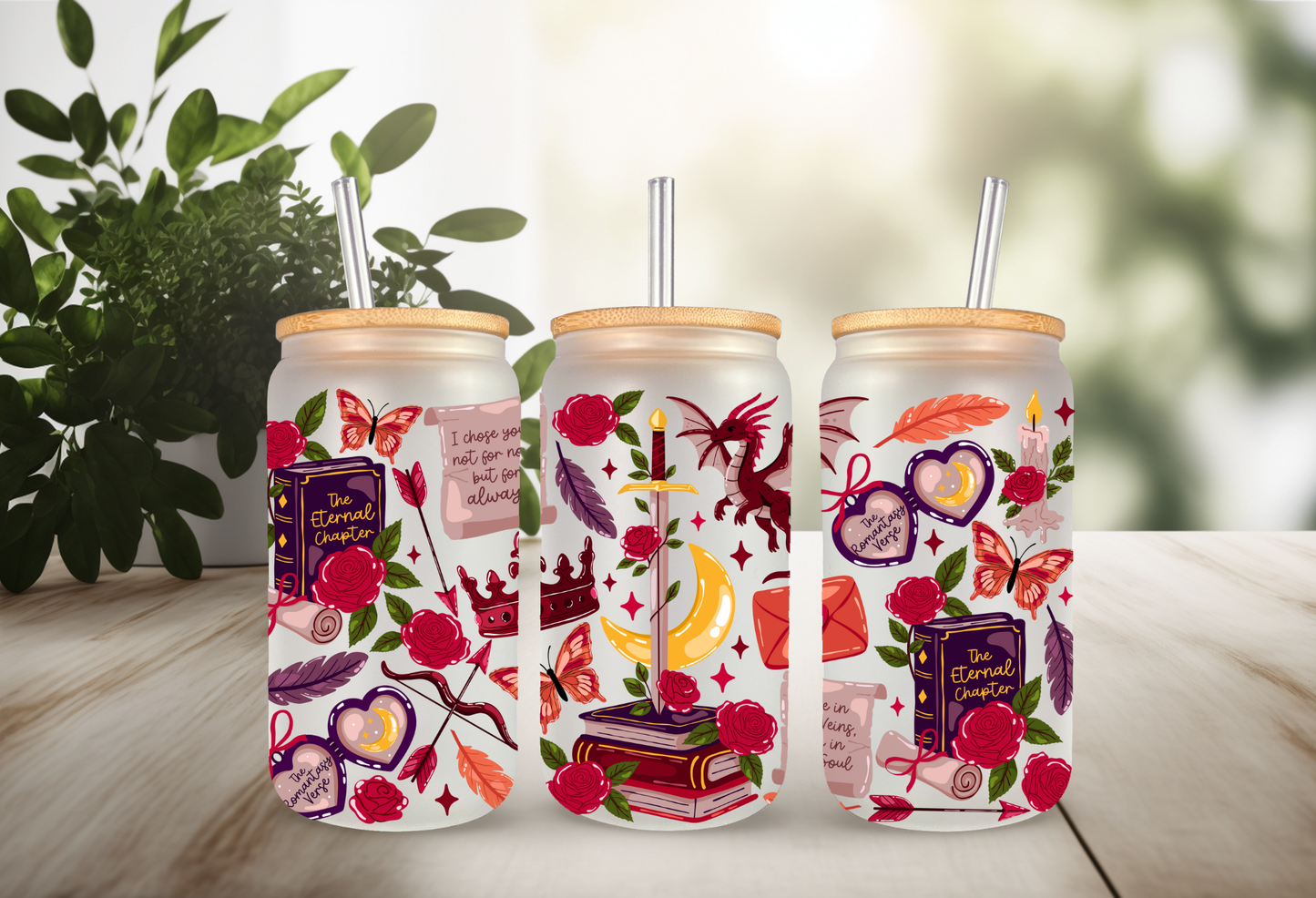 Romantic Fantasy UV DTF Cup Wrap, 16oz Can Glass & Tumbler Decal  Red Dragon, Roses, Books, Butterflies  Waterproof Permanent Sticker