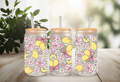 UVDTF Wrap Lemon Daisy Bow Checkered for 16oz Can Glass Mug Tumbler, Ready to apply, Permanent Waterproof Adhesive