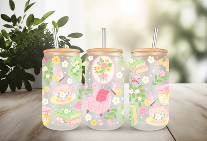 Cozy Floral Book UVDTF Wrap for 16oz Libbey Glass | Permanent Waterproof Book Lover Decal
