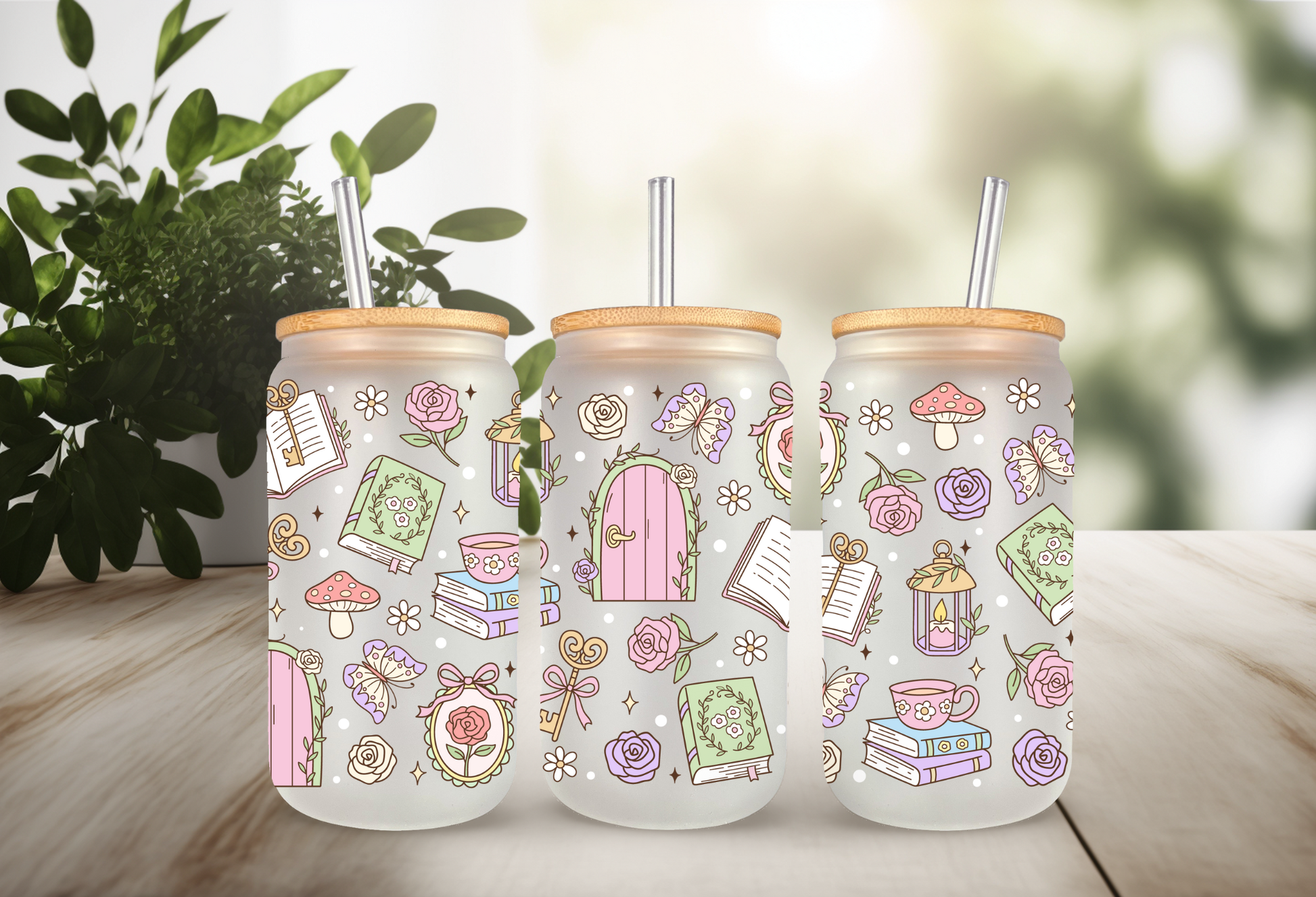 Mock-up of a Secret Garden Books UVDTF wrap for a 16oz can glass, featuring colorful book spines and pastel floral illustrations.