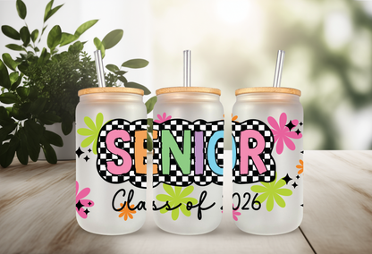 UVDTF Wrap Senior 2026 Checkered for 16oz Can Glass Mug Tumbler, Ready to Apply, Permanent Adhesive, Exclusive