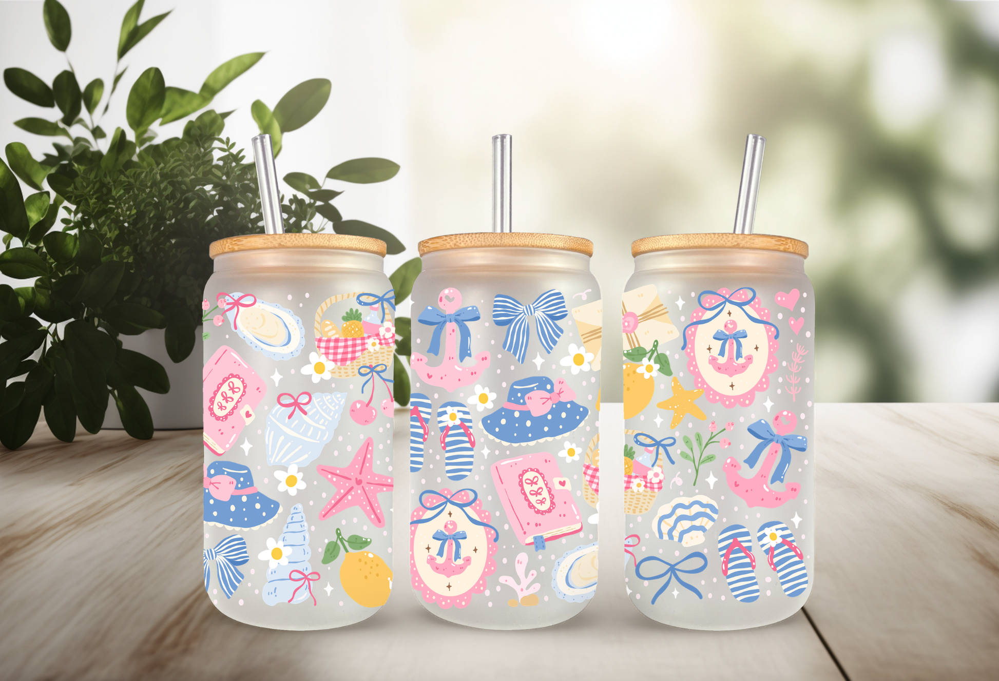 16oz can glass wrap featuring a pastel coastal design with pink and blue coquette bows, beach umbrellas, a vintage radio, and a Stay Salty motel key tag.