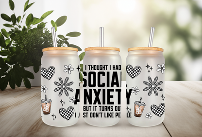 UVDTF Wrap Social Anxiety for 16oz Can Glass Mug Tumbler, Funny Sarcastic, Checkered Design, Ready to Apply, Permanent Waterproof Adhesive