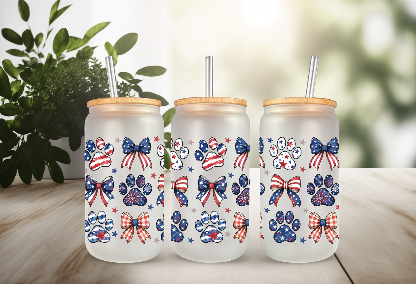 Patriotic Paw Print Coquette Bow UVDTF Wrap - 16oz Can Glass Summer Decal