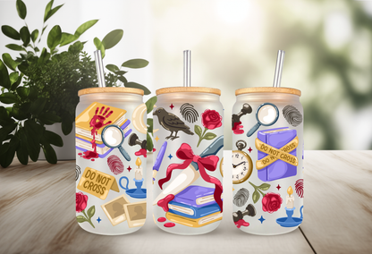 Mystery Crime Scene UVDTF Cup Wrap, 16oz Can Glass Blood Books, Raven, Dagger, Fingerprints