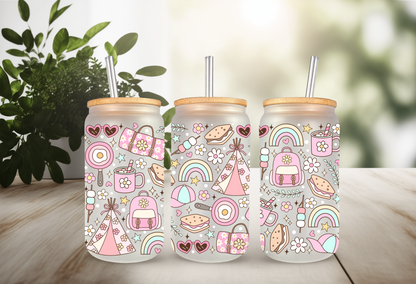 UVDTF Wrap Girly Camp 16oz Can Glass Mug Tumbler, Ready to apply, Camp Wrap, Permanent Waterproof Adhesive
