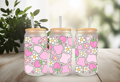 UVDTF Wrap Strawberry Cow Print Daisy 16oz Can Glass Mug Tumbler, Strawberry Wrap, Ready to apply, Permanent Waterproof Adhesive