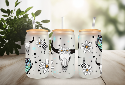 UVDTF Wrap Daisy Butterfly Cow Skull for 16oz Can Glass Mug Tumbler, Ready to apply, Permanent Waterproof Adhesive, Double Sided Option