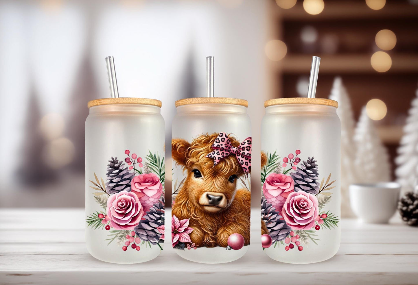 16oz Can Glass Wrap - Highland Cow Pink Floral Pine Cone Design, Permanent Adhesive