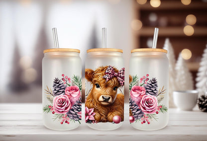 16oz Can Glass Wrap - Highland Cow Pink Floral Pine Cone Design, Permanent Adhesive