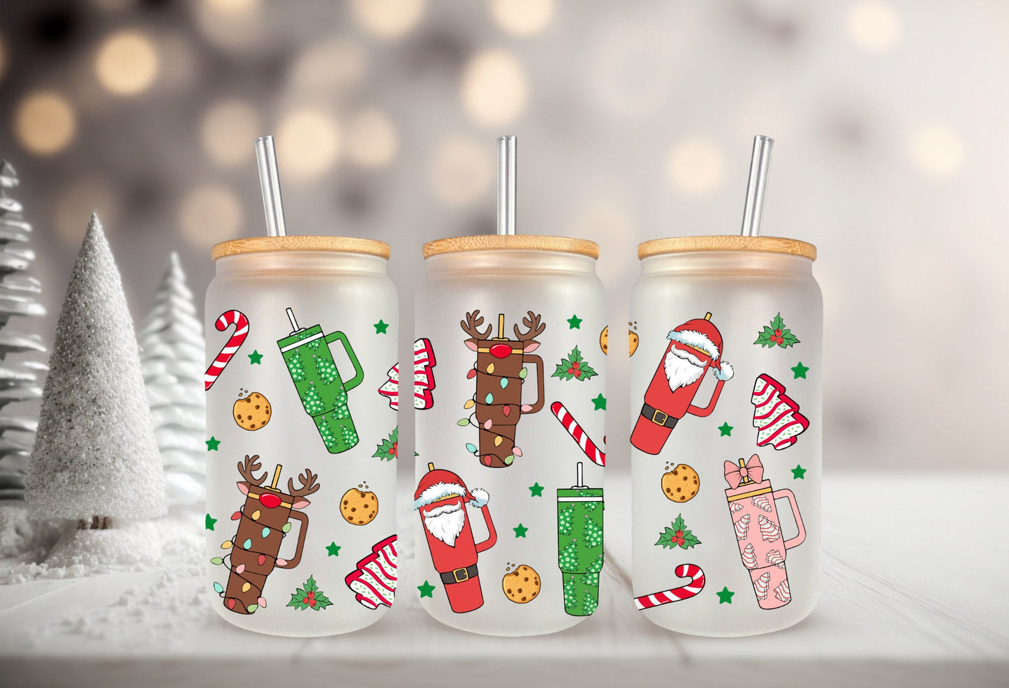 UVDTF Wrap Christmas Tumblers Santa Reindeer Tree Cakes for 16oz Can Glass Mug Tumbler, Ready to apply, Permanent Waterproof Adhesive