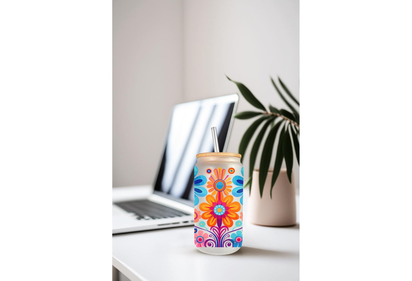 UVDTF Wrap Colorful Retro Flowers 16oz Can Glass Mug Tumbler,  Ready to apply, Permanent Waterproof adhesive