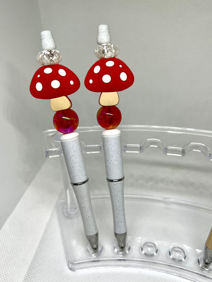 Cute Red Mushroom Glitter or Beige Beaded Pen, Sarcastic Pen, Fun Pens Acrylic Beads, Custom Pen, Retractable Ink Pen, Gifts