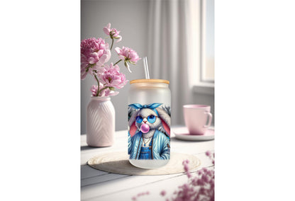 UVDTF Wrap Floral Bunny Bubble Gum 16oz Can Glass Mug Tumbler, Ready to Apply, Permanent Waterproof Adhesive